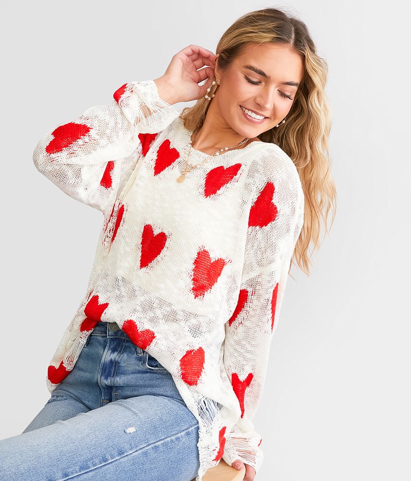 BiBi Destructed Heart Sweater - Women's Sweaters in White Red | Buckle