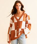 BiBi Checkered Cardigan Sweater - Women's Sweaters in Rust