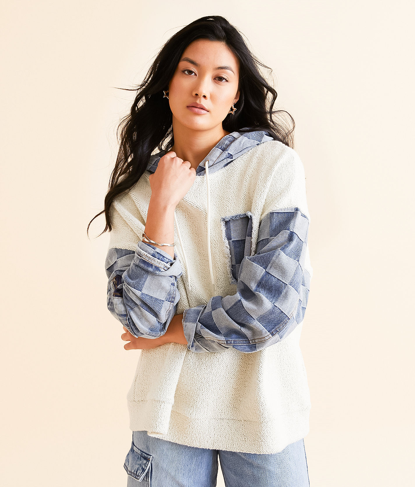 BiBi Checkered Denim Hooded Sweatshirt - Women's Sweatshirts in