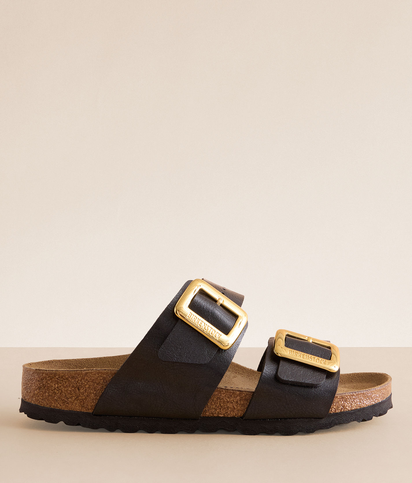 Birkenstock Two-Strap Sandals in Black and Tan with Gold Buckles Arizona Big Buckle – COMFORT ONE SHOES main image 4