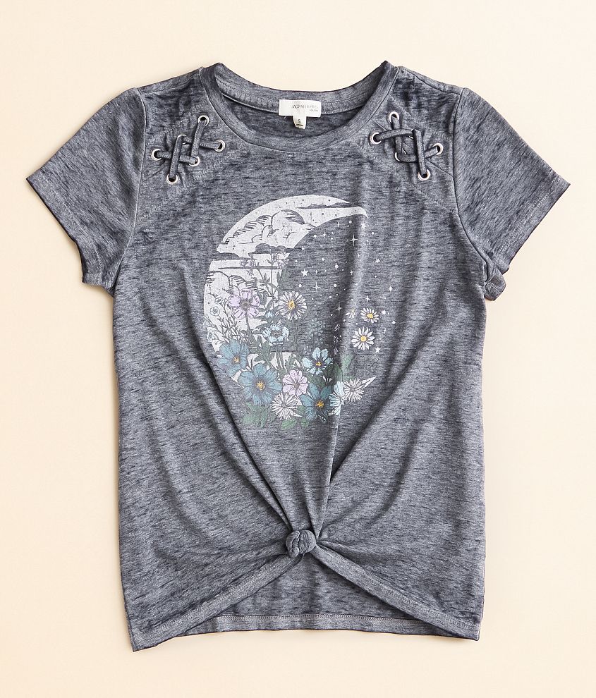 Girls - Modish Rebel Moon & Flowers Front Tie T-Shirt front view