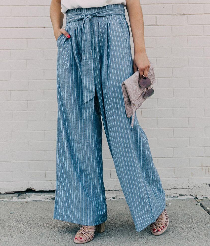 Sneak Peek Striped Wide Leg Paperbag Pant - Women's Pants in Navy Blue