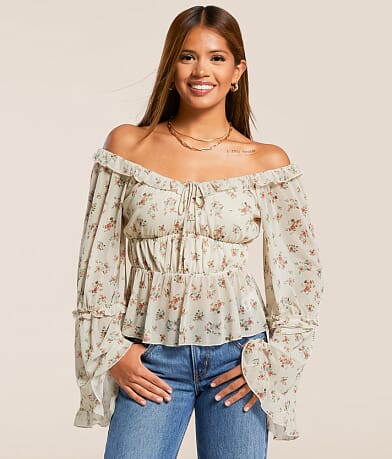 Willow & Root Floral Mesh Ruffle Top front view