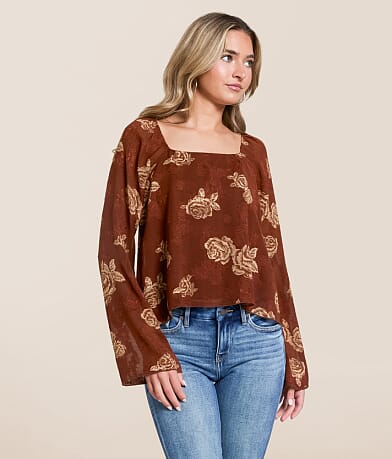 Willow & Root Floral Jacquard Chiffon Top front view