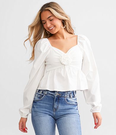Blue Blush Rosette Cropped Peplum Top FULL_LEFT_SIDE