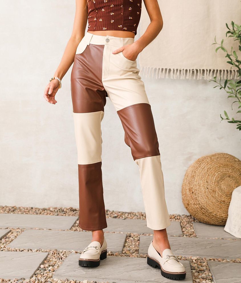 Blue Blush Color Block Pleather Pant - Women's Pants in Dark Brown