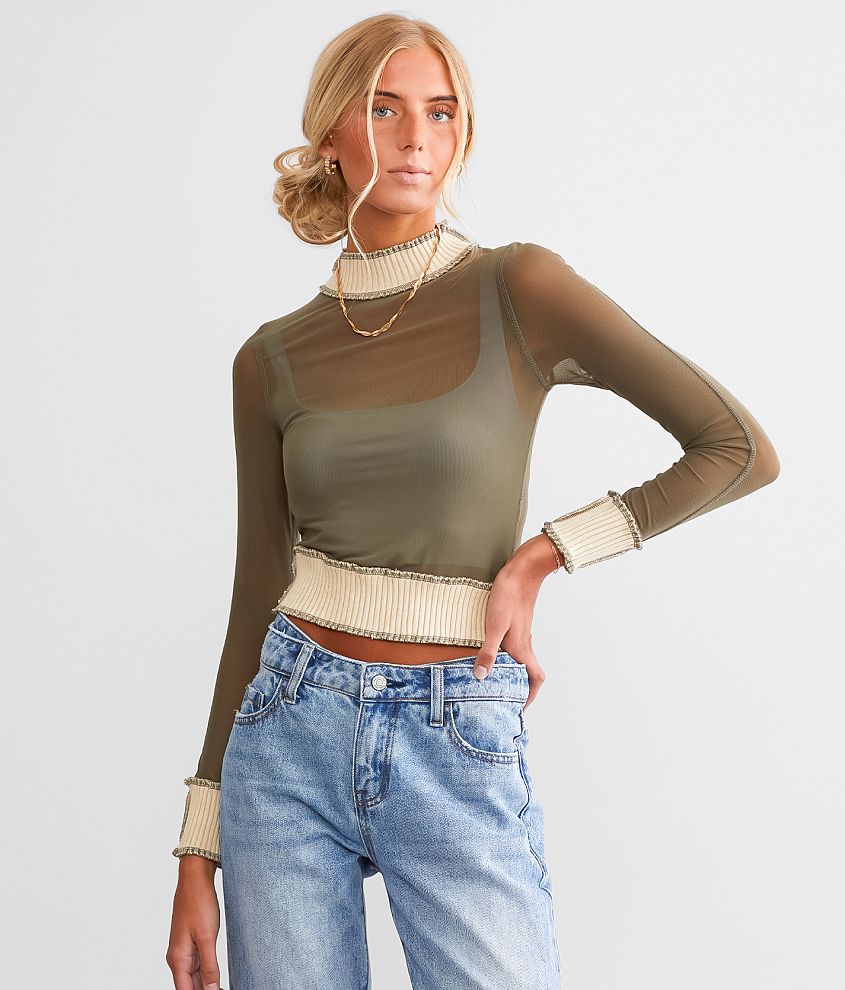 Gilded Intent Exposed Seam Sheer Mesh Top - Women's Shirts/Blouses in Brown  Black