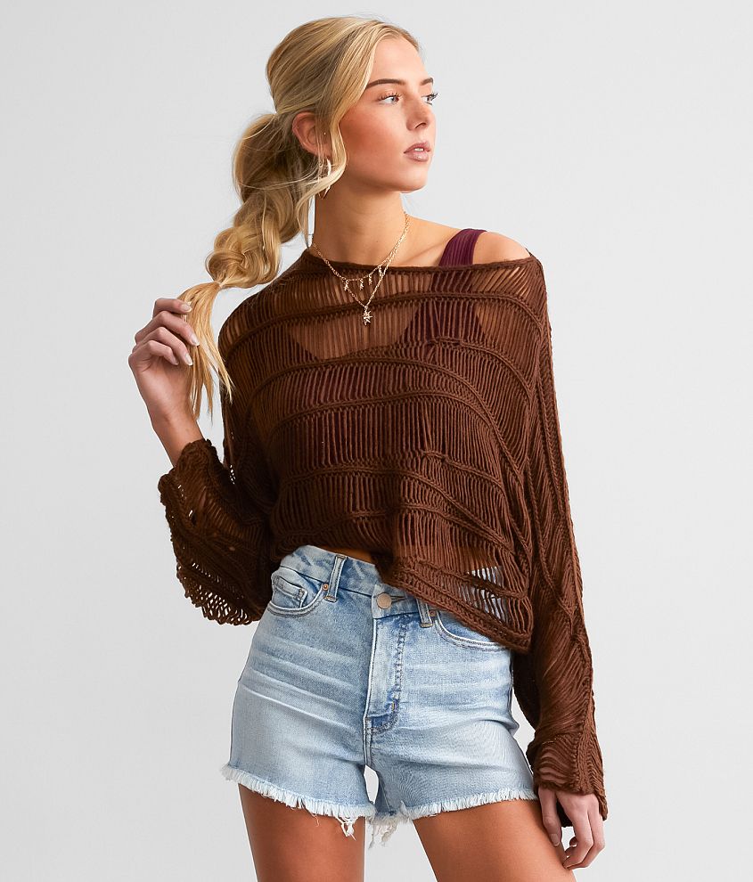 Gilded Intent Wavy Stitch Cropped Sweater Women s Sweaters in Dark Brown Buckle