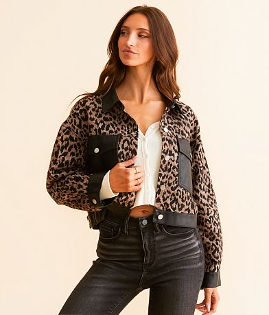 Blue Blush Faux Leather Cropped Cheetah Jacket front view
