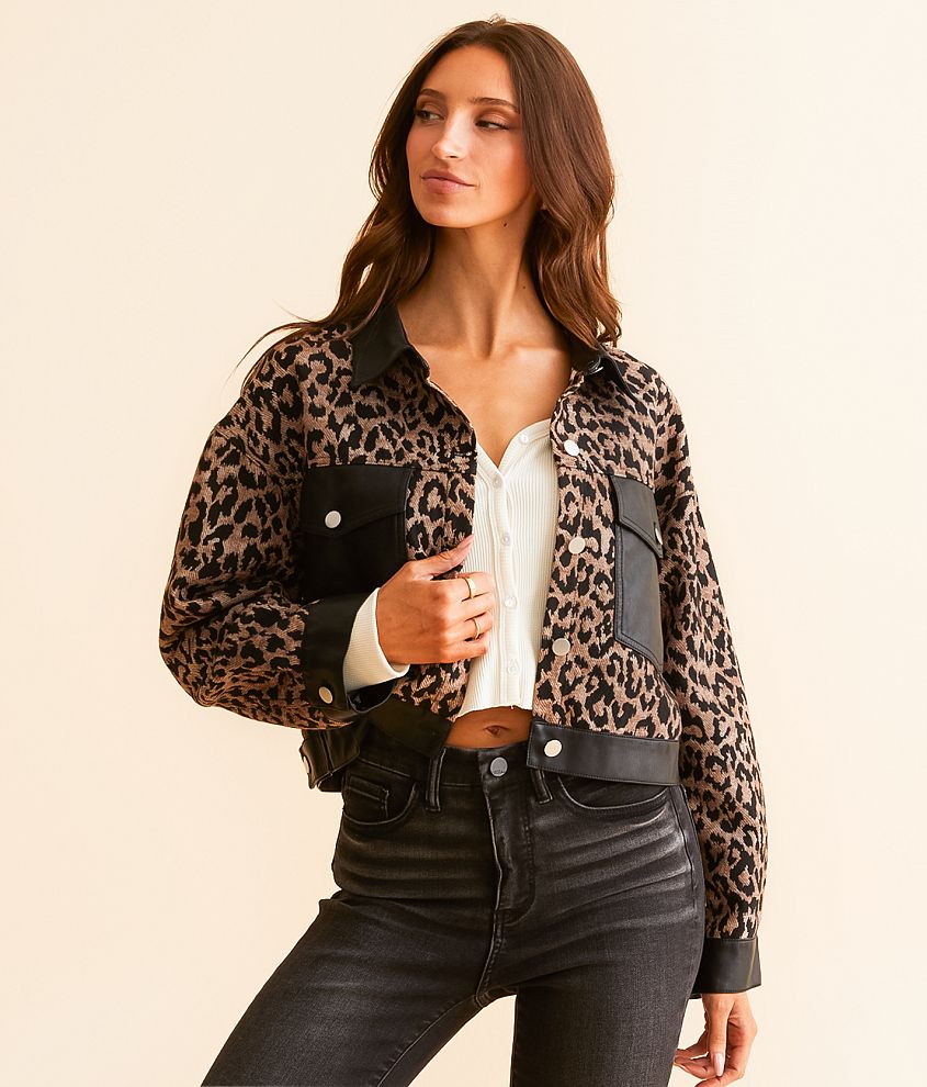 Blue Blush Faux Leather Cropped Cheetah Jacket front view