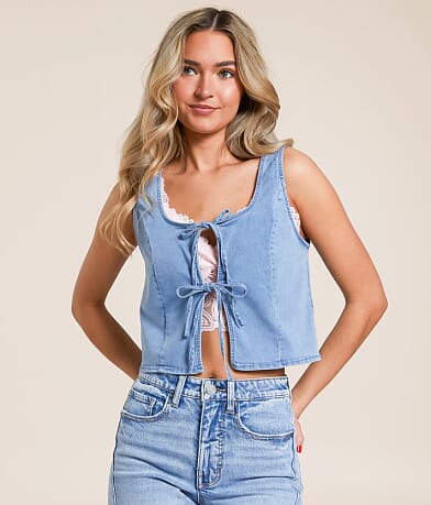 Willow & Root Denim Front Tie Cropped Tank Top front view