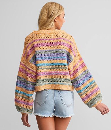 Blue Blush Neon Pointelle Cropped Sweater back view