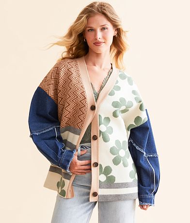 Blue Blush Pieced Cardigan Sweater full left side view