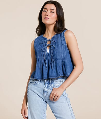 lalavon. Pleated Front Tie Denim Tank Top front view