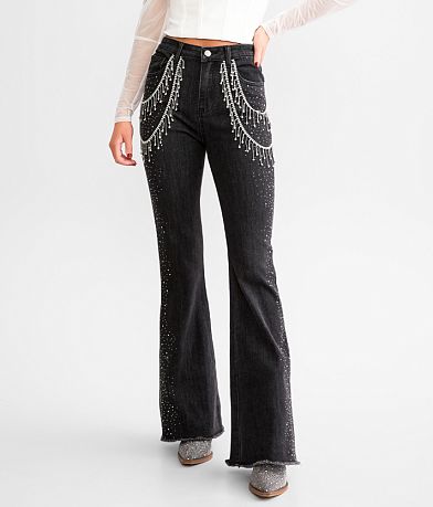 👖denim flare bell bottoms jeans, black crop top turtleneck sweater, ganni #flares #bellbottoms