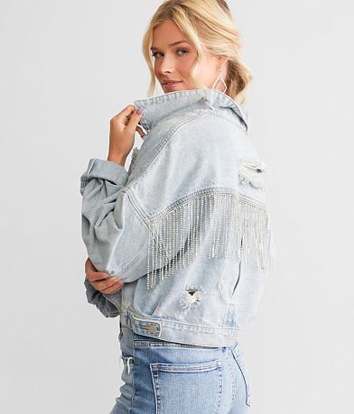 Blue B Rhinestone Fringe Denim Jacket front view