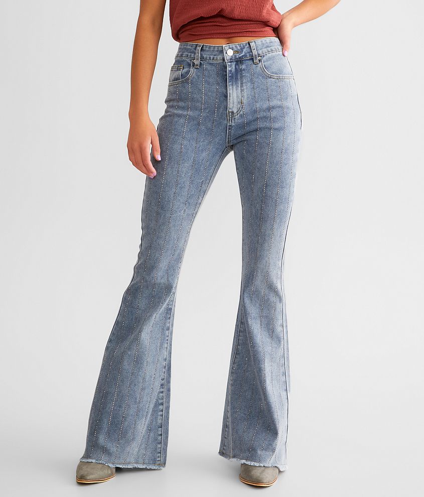 Scattered Rhinestone Mini Flare Jeans - Mid Blue