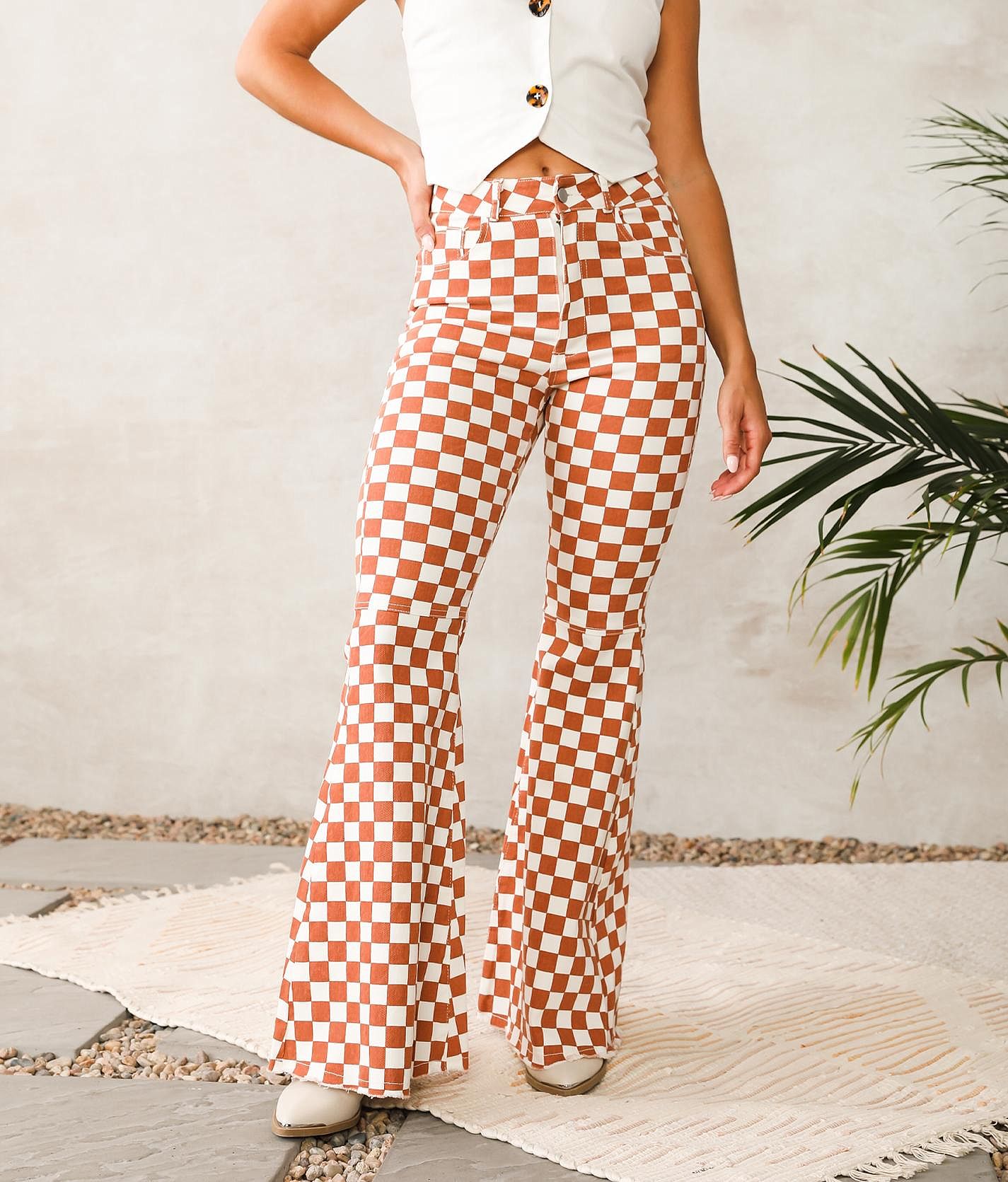 Blue B Ultra High Rise Checkered Flare Pant - Women's Pants in Rust Brown