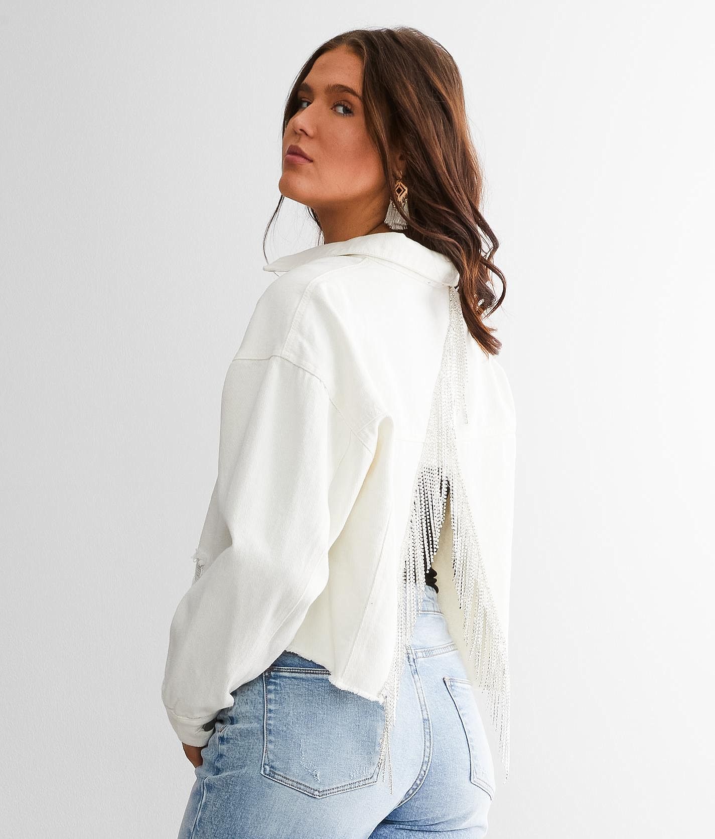 Blue B Rhinestone Fringe Denim Jacket - Women's Coats/Jackets in Off White