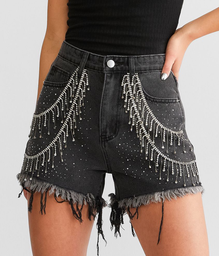 Rhinestone Fringe Denim Shorts - Black