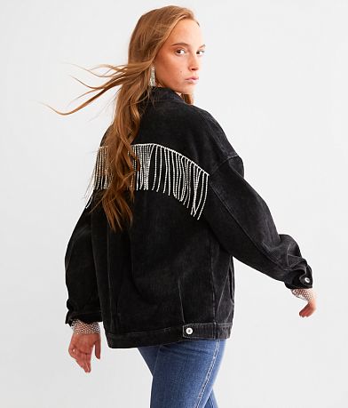 Blue B Rhinestone Fringe Corduroy Jacket front view