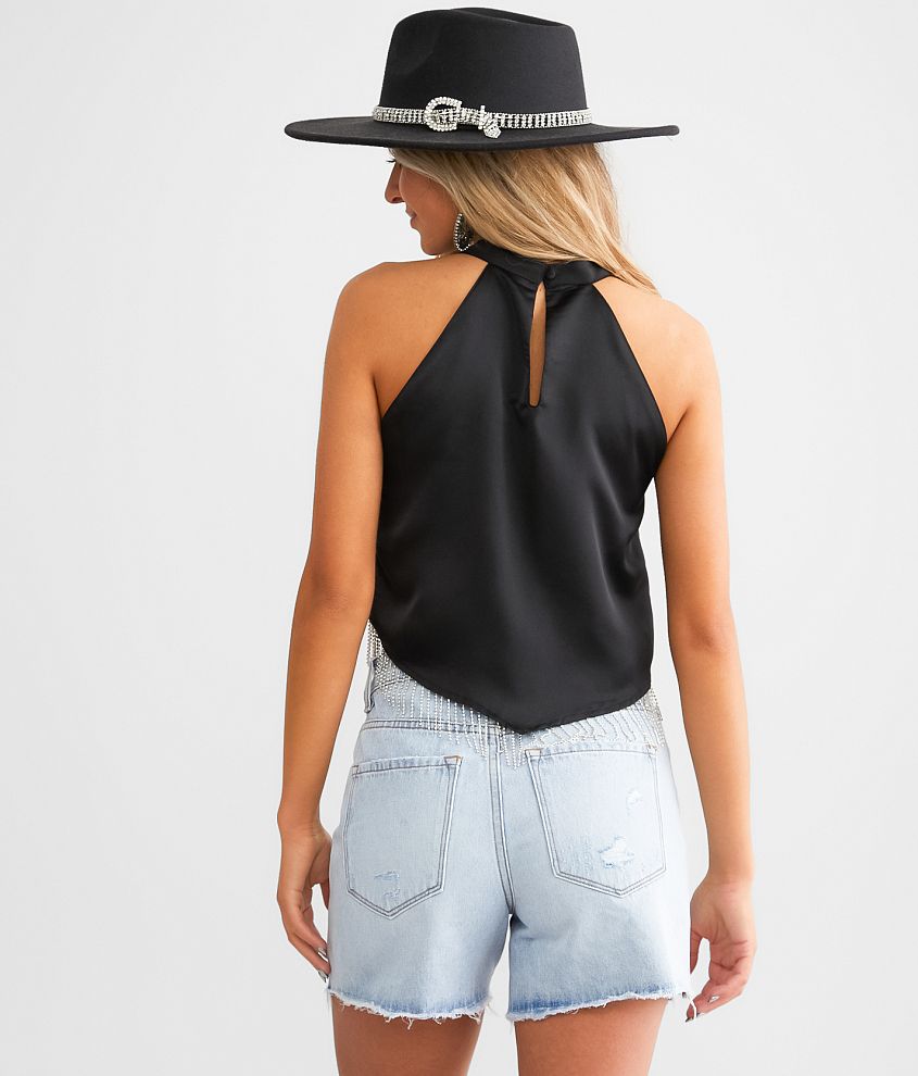 Rhinestone Fringe Satin Cropped Tank Top