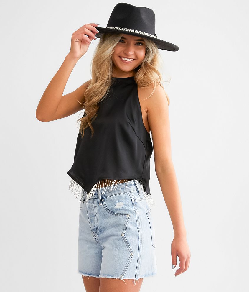 Rhinestone Fringe Satin Cropped Tank Top