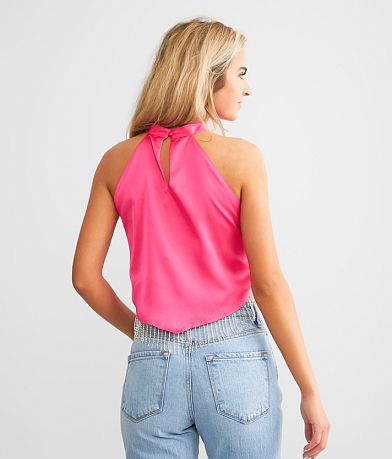 Blue B Rhinestone Fringe Satin Cropped Tank Top back view