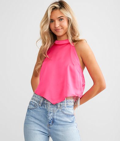 Blue B Rhinestone Fringe Satin Cropped Tank Top front view
