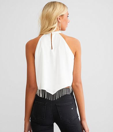 Blue B Rhinestone Fringe Satin Cropped Tank Top - Women's Tank Tops in ...