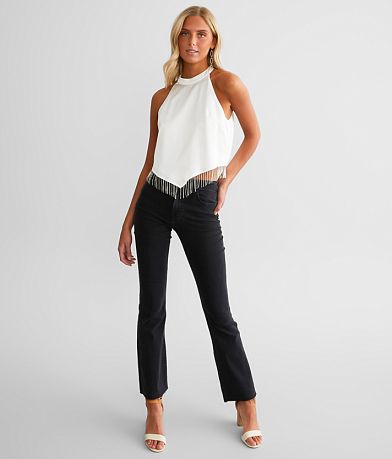 Blue B Rhinestone Fringe Satin Cropped Tank Top - Women's Tank Tops in ...
