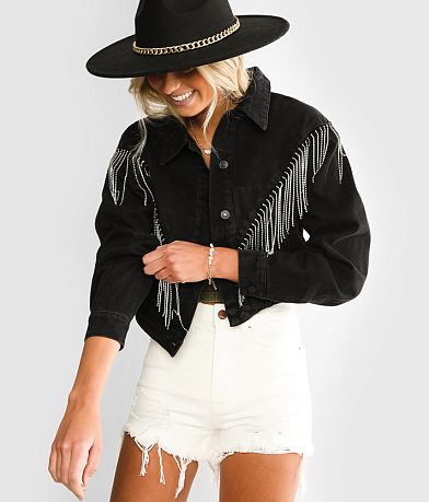 Blue B Rhinestone Fringe Denim Jacket front view