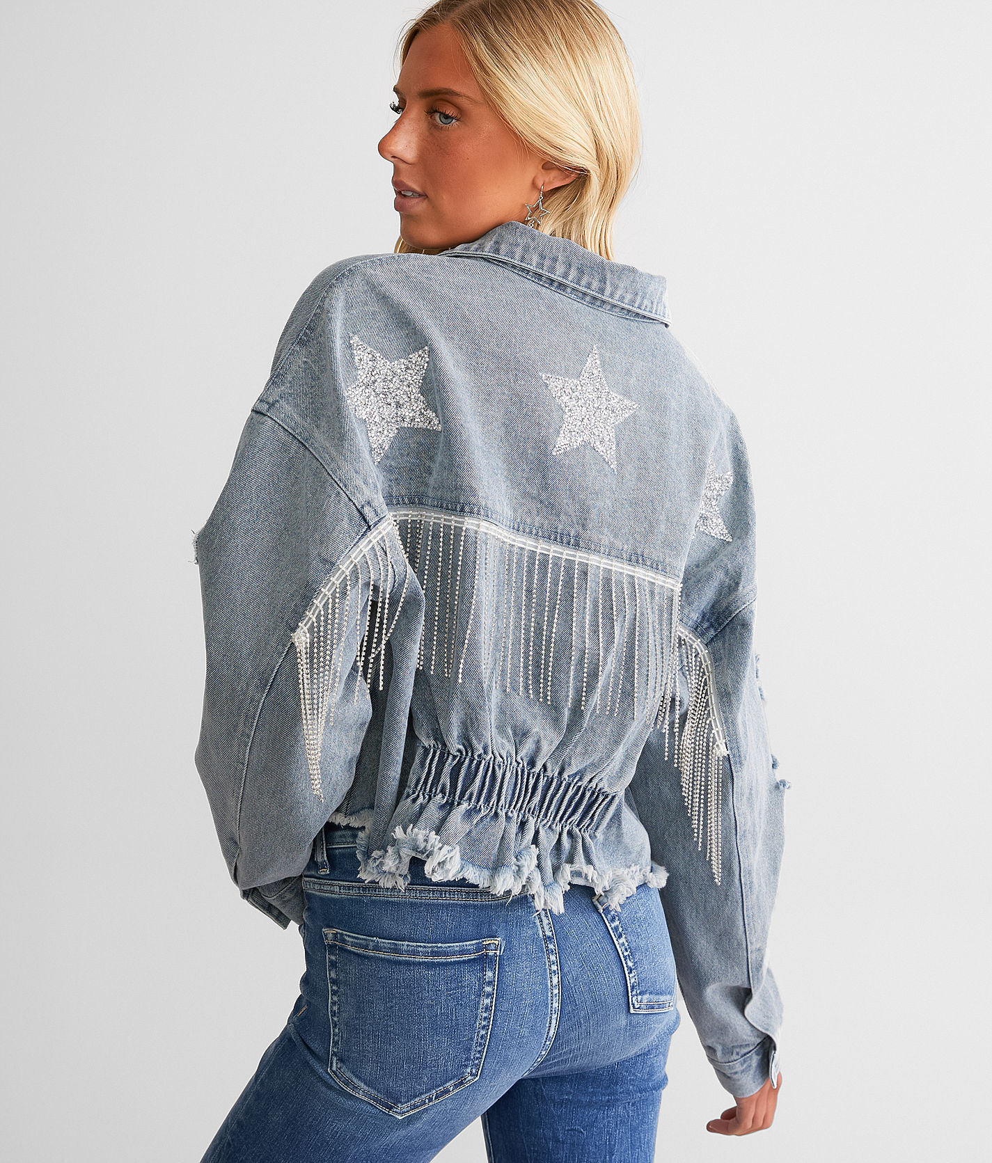 Womens Denim Jackets Coat Destroyed Tassel Chain Cropped Jean