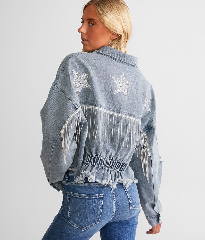 Blue B Women's Denim Jacket with Silver Sequin Stars