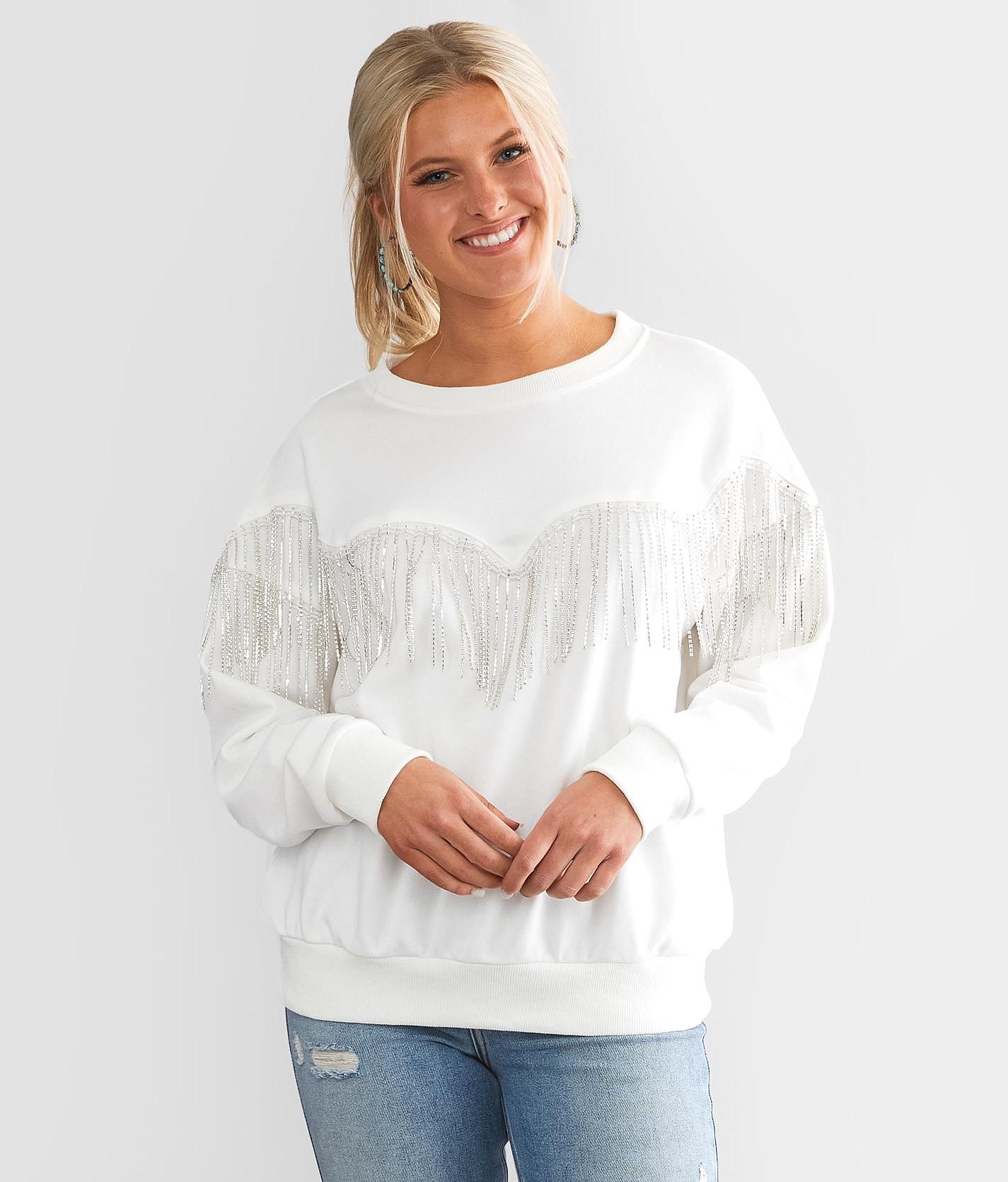 Blue B Rhinestone Fringe Pullover - Women's Sweatshirts In White | Buckle