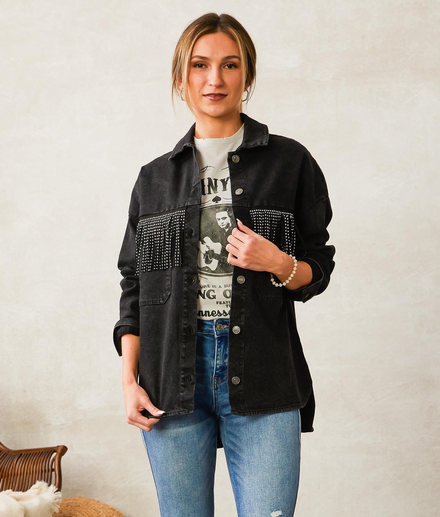 Blue B Studded Fringe Denim Jacket - Women's Coats/Jackets In Black ...