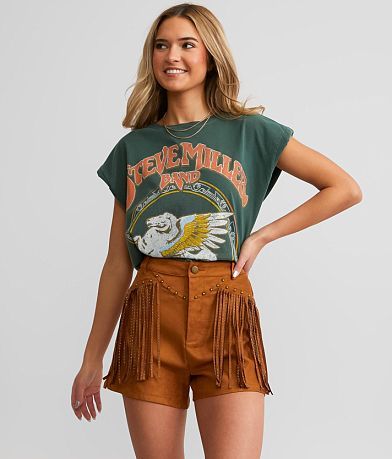 Sterling & Stitch Rhinestone Fringe Stretch Short front view