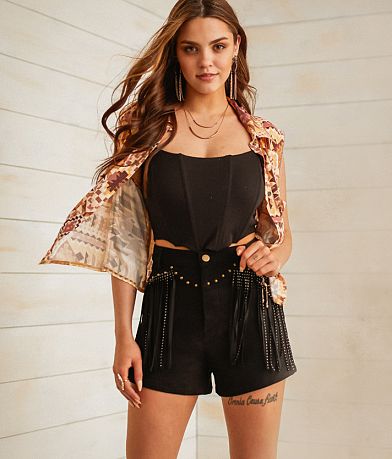 Sterling &amp; Stitch High Rise Rhinestone Fringe Short full left side view