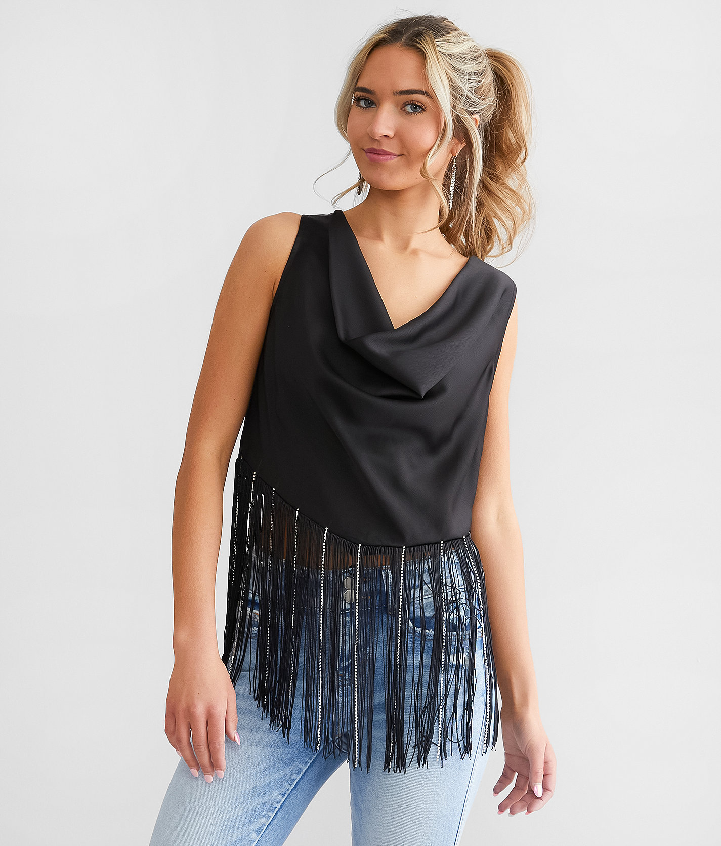 Blue B Rhinestone Fringe Tank Top - Women's Tank Tops In Black | Buckle