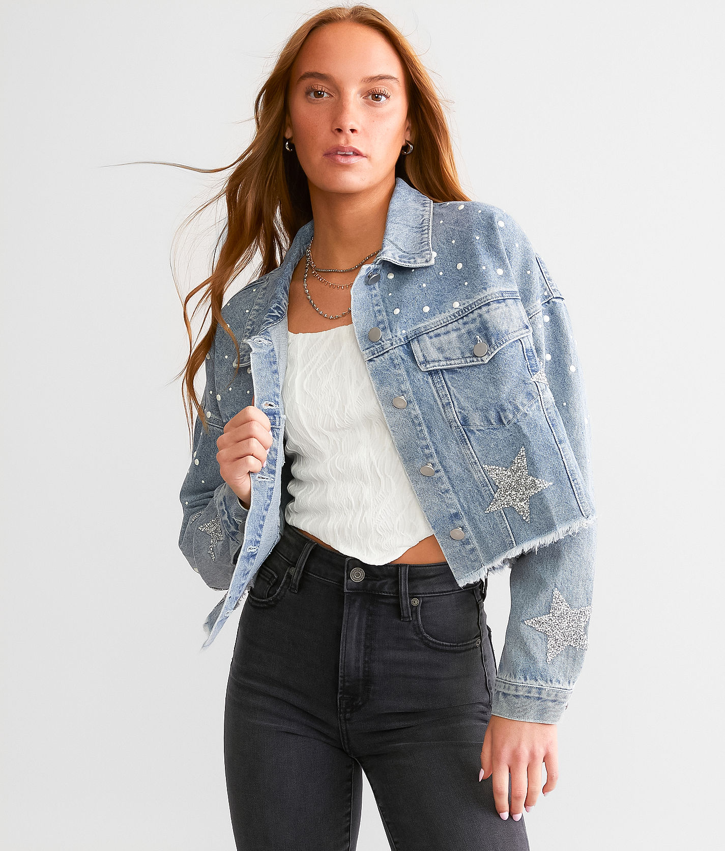Blue B Embellished Denim Cropped Jacket - Women