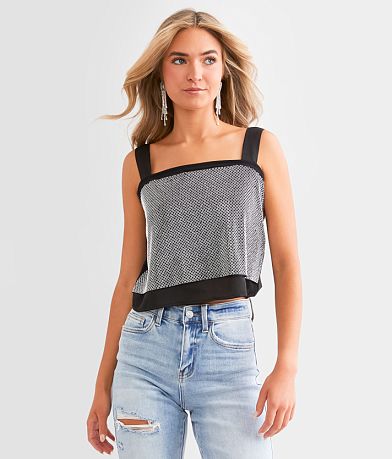 Blue B Rhinestone Cropped Tank Top front view