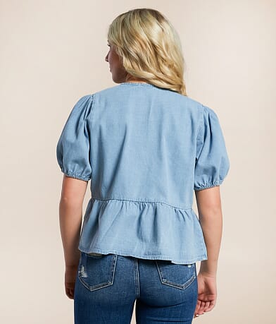 Blue B Denim Front Tie Peplum Top BACK