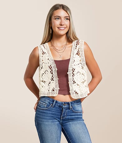 Blue B Front Tie Crochet Tank Top front view