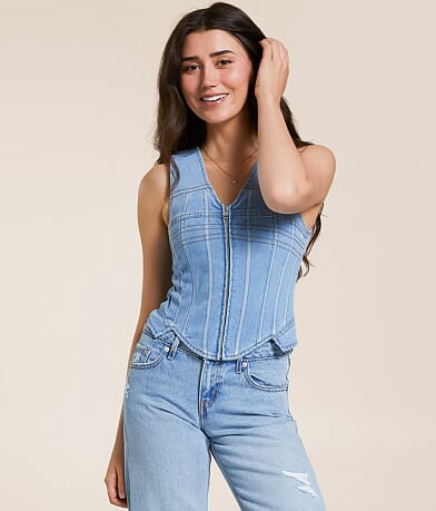 Blue B Embroidered Corset Denim Vest front view