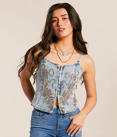 Blue B Sequin Denim Cropped Tank Top front view