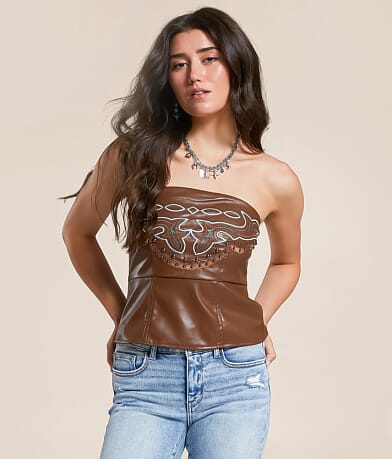 Blue B Western Faux Leather Studded Tube Top front view