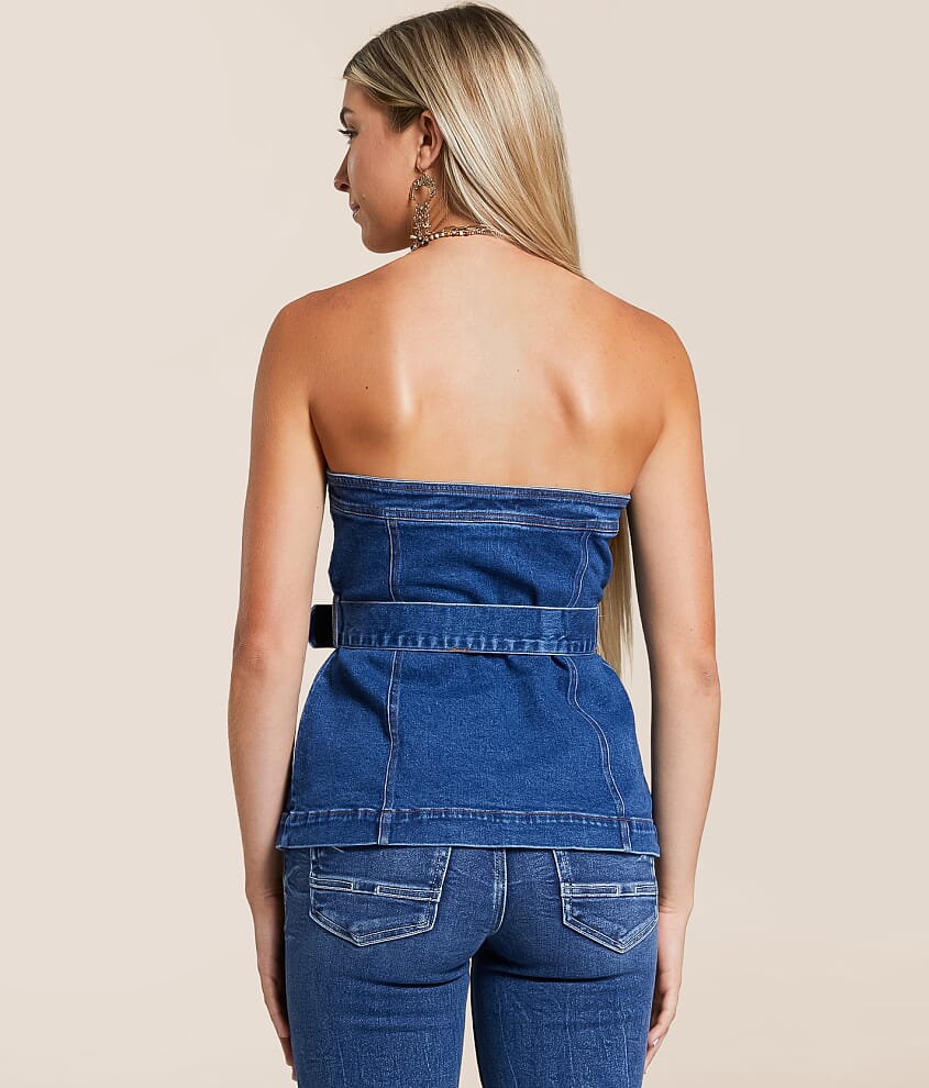 Belted Denim Stretch Tube Top - thumbnail 2