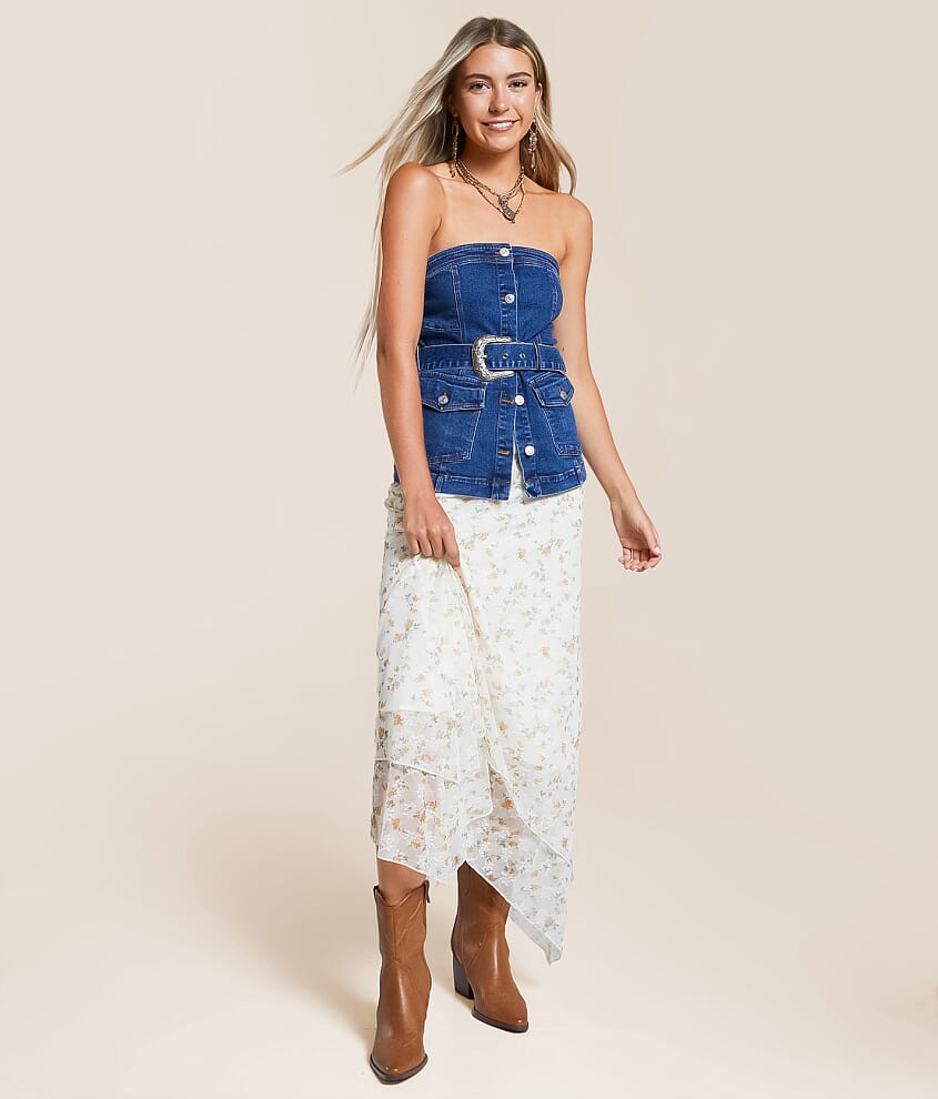 Belted Denim Stretch Tube Top - thumbnail 4