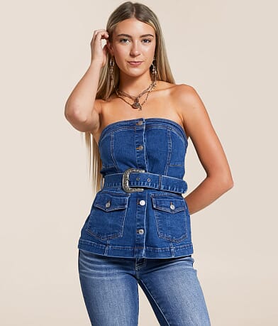 Blue B Belted Denim Stretch Tube Top front view