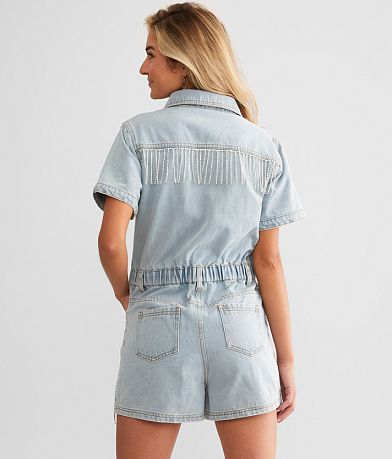 Blue B Rhinestone Fringe Denim Romper back view